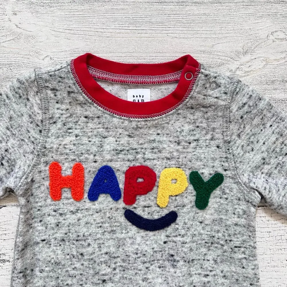 Baby Gap Knit Romper 3-6M Gray Rainbow Happy Graphic One Piece Long Sleeve - Picture 2 of 8